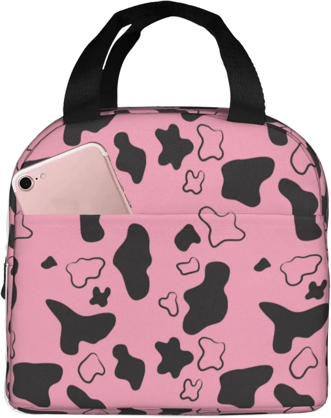 

Pink and Black Cow Print Lunch Bag for Women Men, Reusable Animal Cow Insulated Lunch Box Container with Frond Pocket