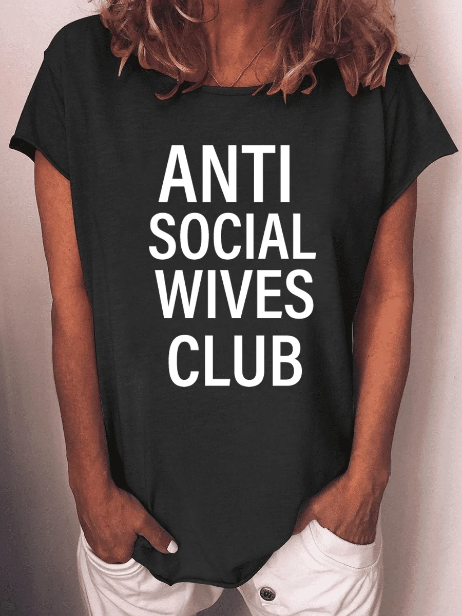 Rheaclot Anti Social Wives Club Women's Cotton T-shirts Funny Cute Tees Tops