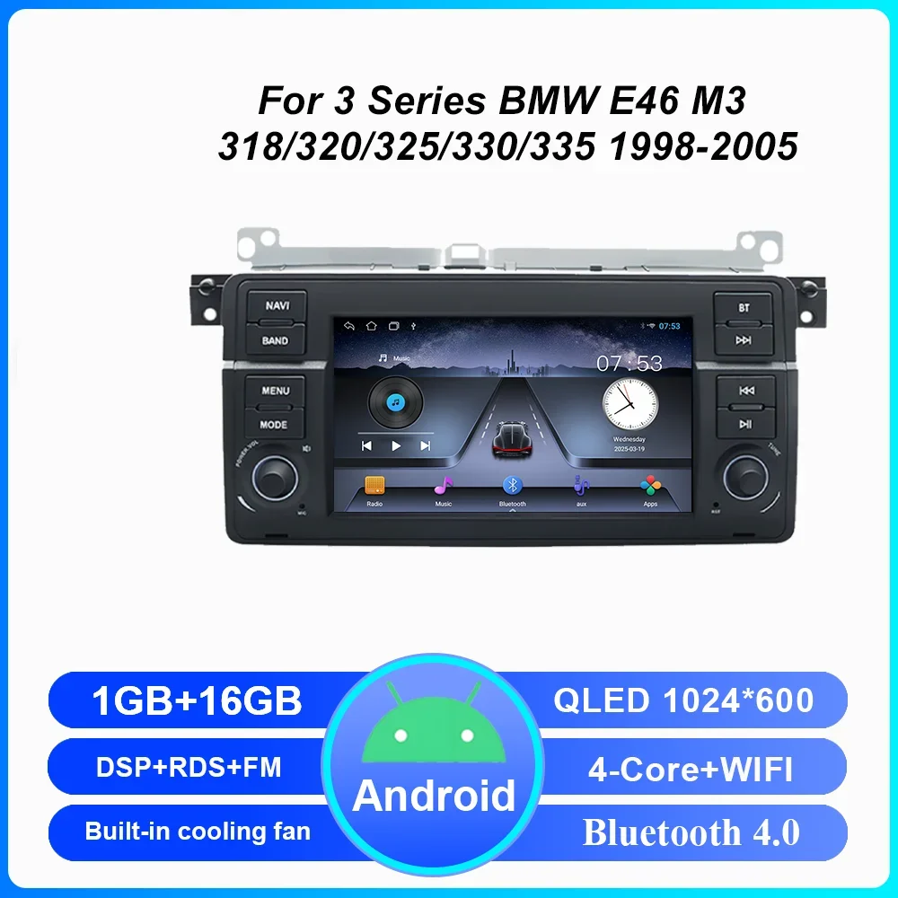 

7-дюймовый автомобильный Android-радио стерео для 3 серии BMW E46 M3 318/320/325/330/335 1998-2005 гг. Автоматический мультимедийный плеер GPS Carplay NO 2DIN
