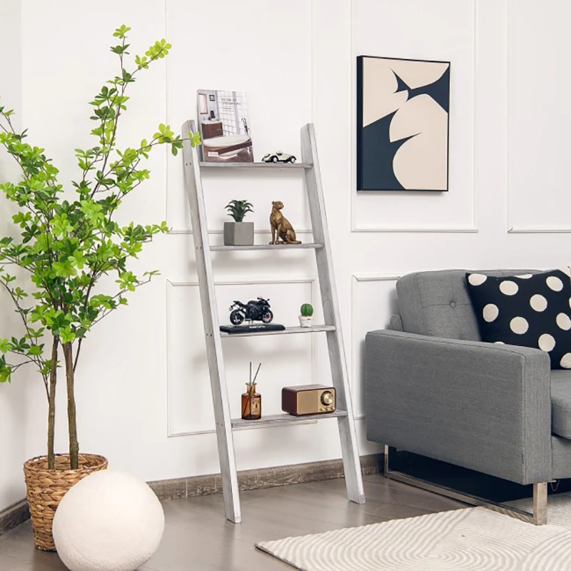 

4-Tier Wall Leaning Ladder Shelf Stand Retro Bedroom Bathroom Kitchen Living Room Wooden Towel Rack Storage Ladder Home Decor