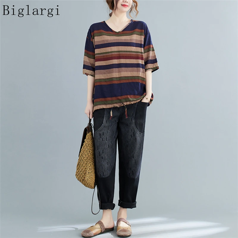 

Oversized Striped T Shirts Summer Women Linen Cotton T Shirt Big Size Casual T-Shirt Tshirts Fashion Korean Womens T Shirt 2022
