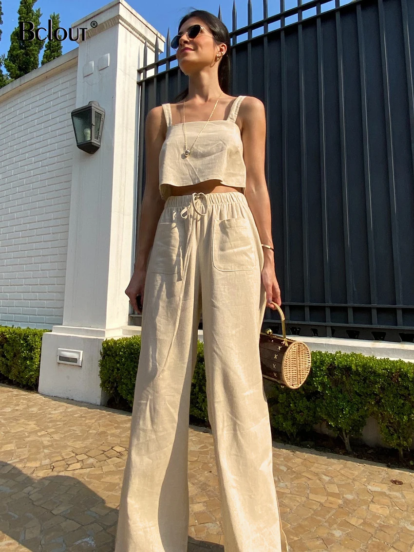 

Bclout Summer Linen Top Women 2 Piece Sets Casual Backless Lace-Up Tank Crop Tops Khaki Slit Straight Pants Suits Woman Vacation