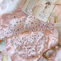 womens underwear japanese lolita girl bra set white pink floral lingerie plus size thin ruffle cotton bra and thong set panties