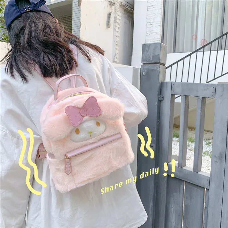 

Kawaii Sanrioed Hello Kitty Plush Backpack Cartoon Anime My Melody Cinnamoroll Knapsack Children Baby Double Shoulder Bag Gift