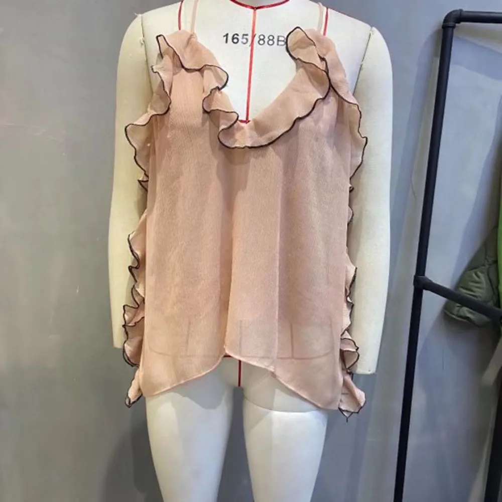 

PB & ZA2022 summer new sweet women's clothing fashion elegant Lady Pink Lotus Leaf side ornament suspender shirt vest