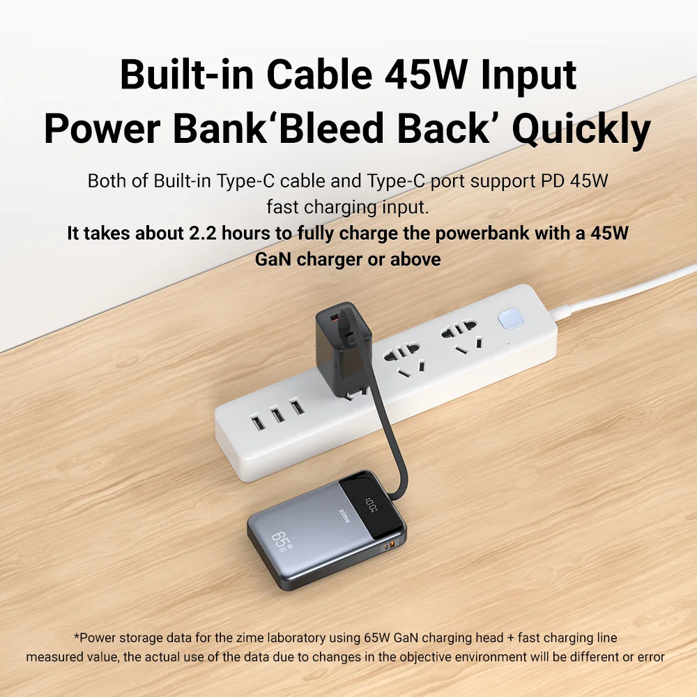 Фото zime 65 Вт Power Bank 20000 мАч Быстрая зарядка со встроенным выдвижным кабелем Type-C для ноутбуков Портативный планшет iPhone №3