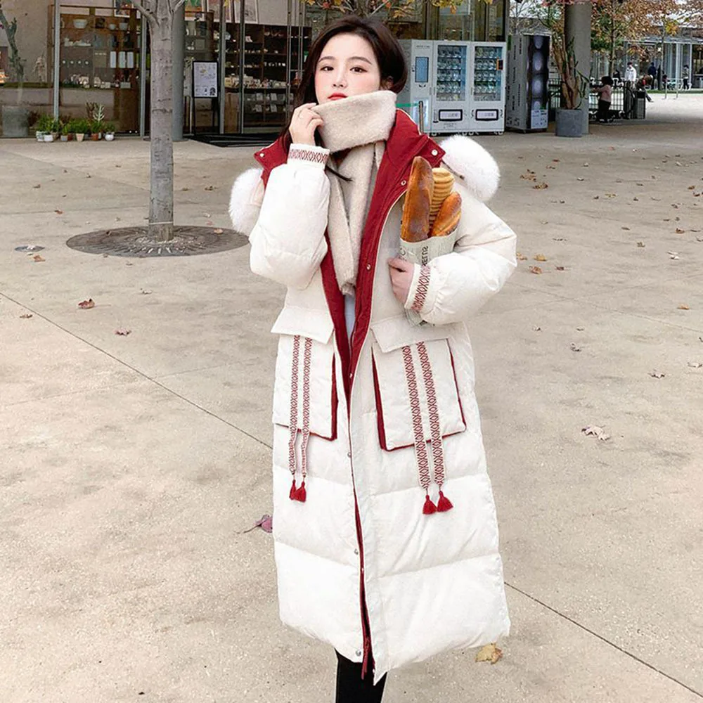 

Chic Design Webbing Color Matching Down Cotton Padded Jacket Women's Long Winter Parka Coats 2022