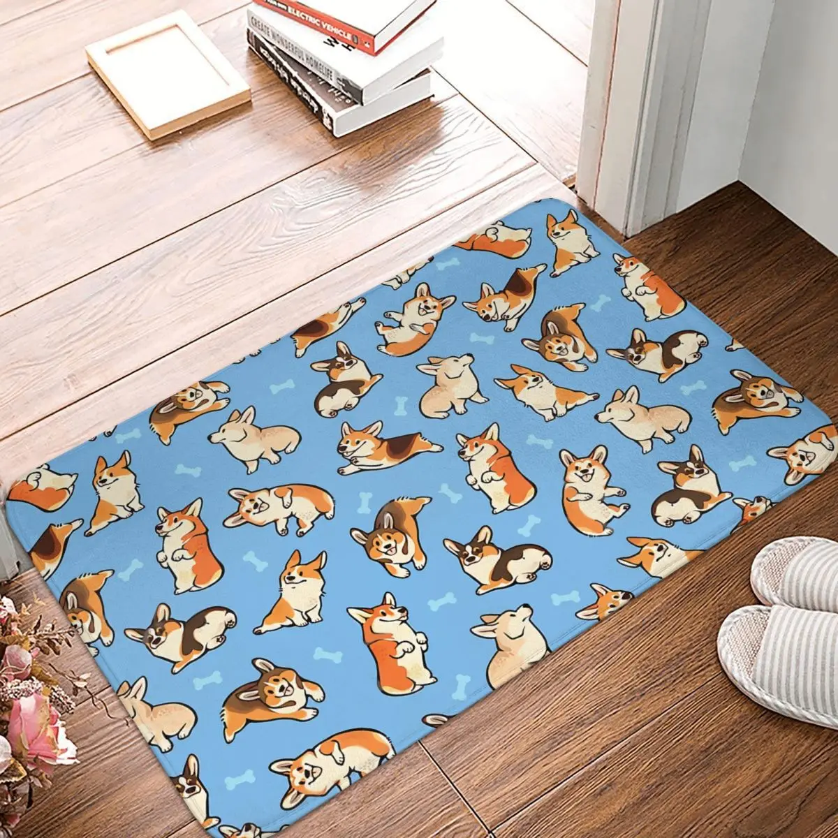Нескользящий дверной коврик с изображением животных Jolly Corgis в синей гостиной