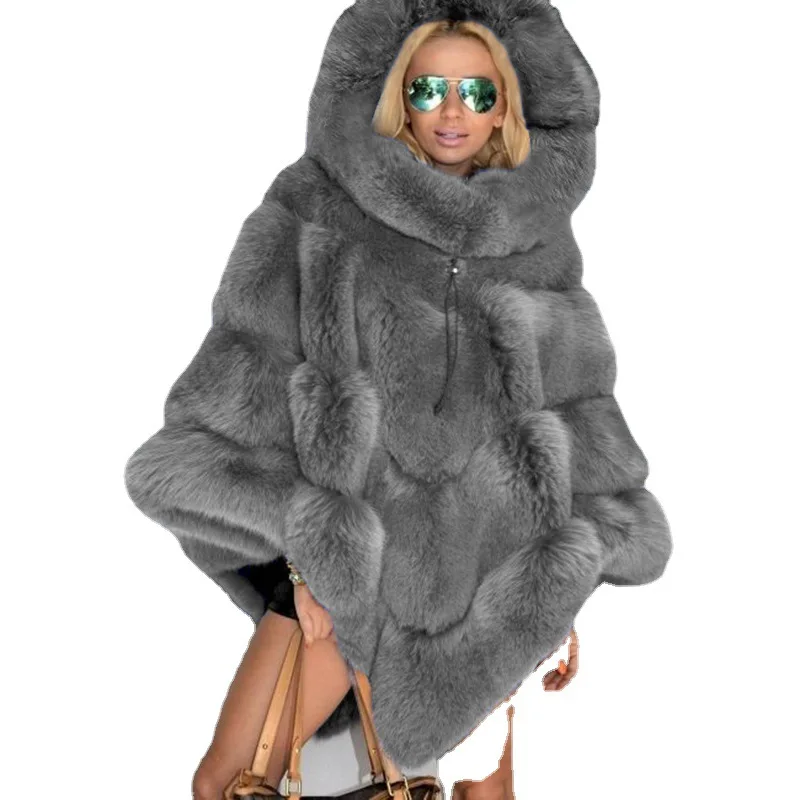 Women's Leather Fur Coat Hooded Imitation Fur Stitching Baggy Coat Fashion Cloak Women Faux Fur Coat