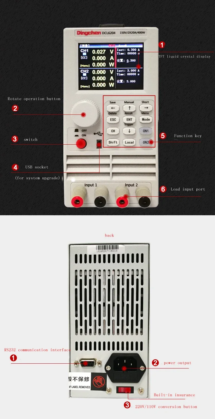 Comunicación RS232 carga...”ica DCL6104 CC paso único/canal dual 400W unidad LED пробсор de carga capacidad bat
