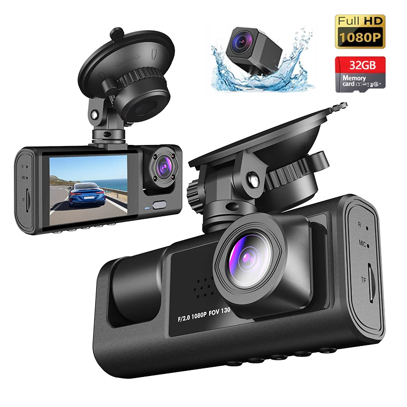 

3-канальная автомобильная камера DashCam 1080P FHD, передняя и задняя внутренняя 3-объективная автомобильная видеорегистратор, оснащенная автомобильной камерой с экраном IPS 2 дюйма