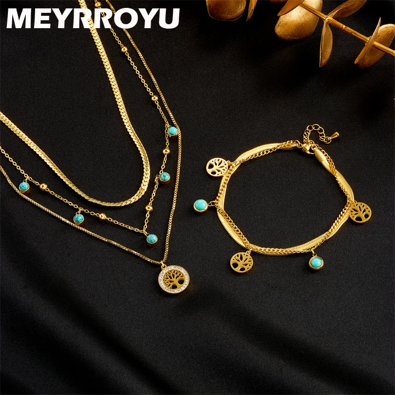 

MEYRROYU 316L Stainless Steel Jewelry Set Necklace Anklet Golden Life Tree Fashion Pendant For Women New Trend Gift Accessories