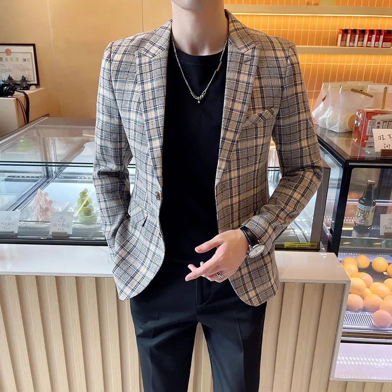 2022 Men Fashion Dress Prom Blazer Korean Plaid Suit Men Casual Slim Blazer Club Stage Singer Suit Men Suit Jackets Blazer 5XL