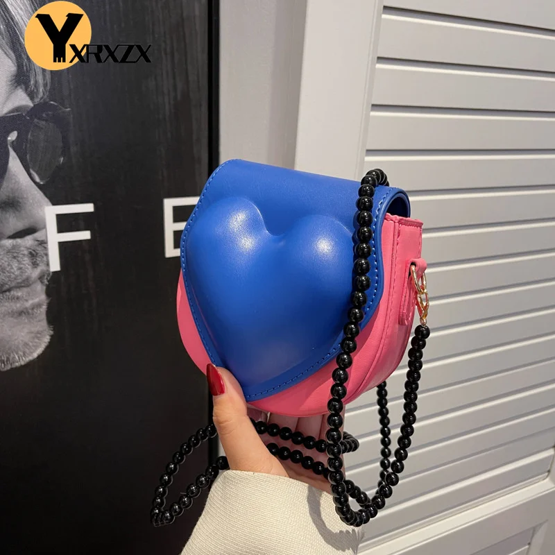 

Heart-Shaped Mini Crossbody Bag Pearl Chain Panelled Color Women Shoulder Messenger Bags PU Leather Travel Ladies Casual Bag