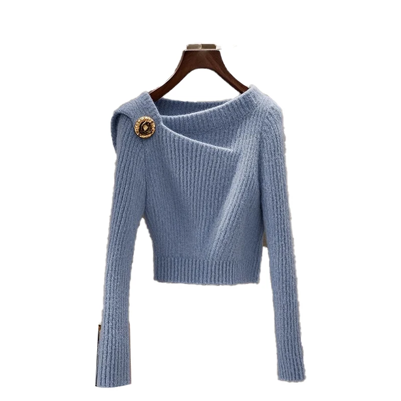 Осень 2024 новинка облегающий короткий дизайнерский свитер с наклонными плечами