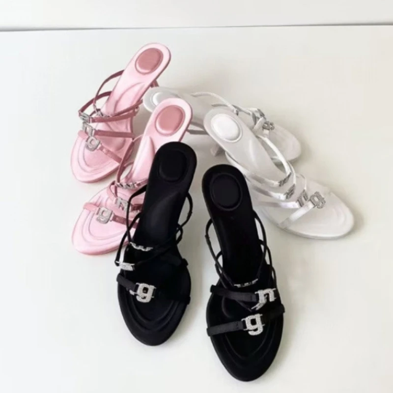 Women's Slippers 2023 Summer New High Heel Fashion Banquet Ribbon Silk Rhinestone Letter Thin Heel Open Toe Slippers