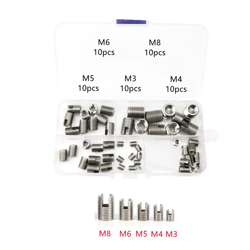 

50pcs/lot M3 M4 M5 M6 M8 Stainless Steel Threaded Inserts Metal Thread Repair Insert Self Tapping Slotted Screw Threaded kit