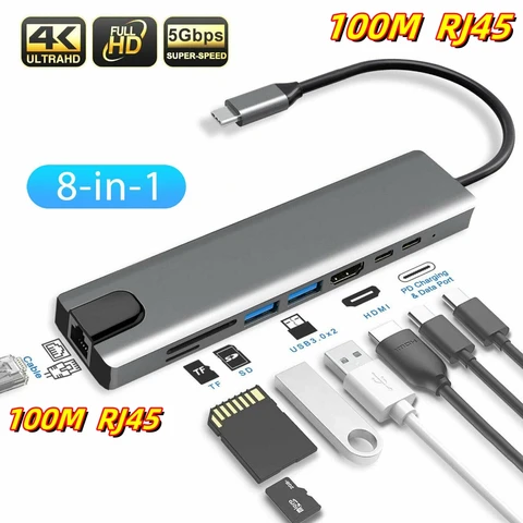 8 в 1 Typt-C USB Type C к HDMI RJ45 Gigabit Ethernet адаптер USB 3,0 концентратор док-станция с кардридером PD зарядное устройство 87 Вт 4K мульти-адаптер