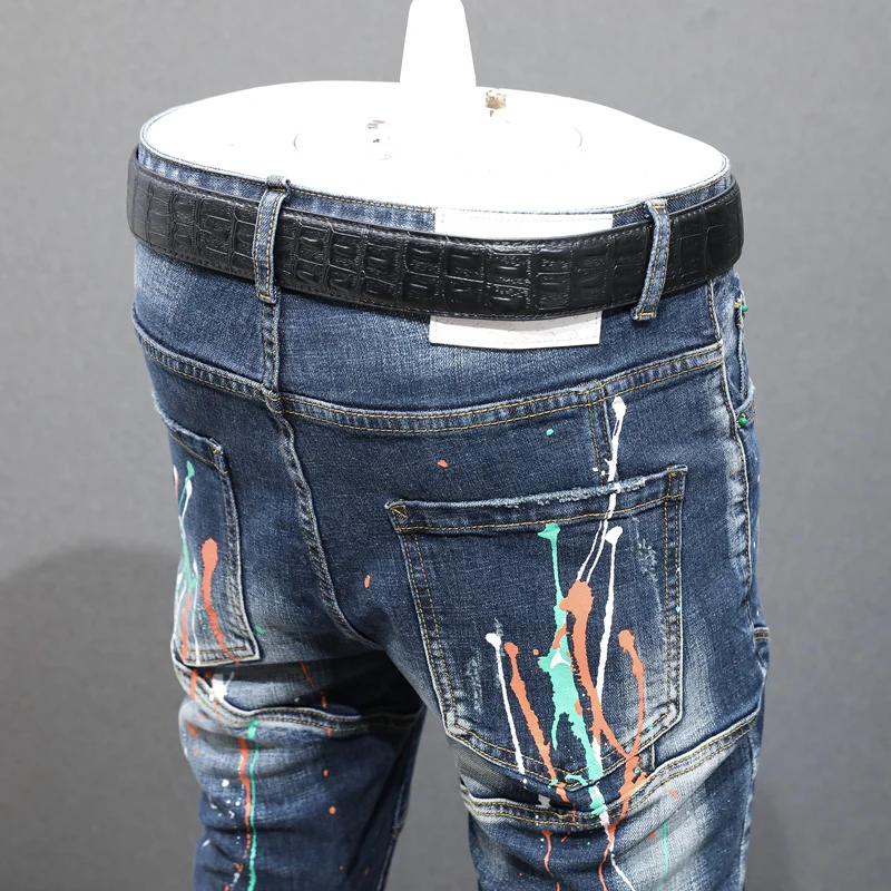 Street Fashion Men Jeans Retro Blue Elastic Spliced Vintage Designer Slim Ripped Jeans Men Painted Hip Hop Denim Pants Hombre