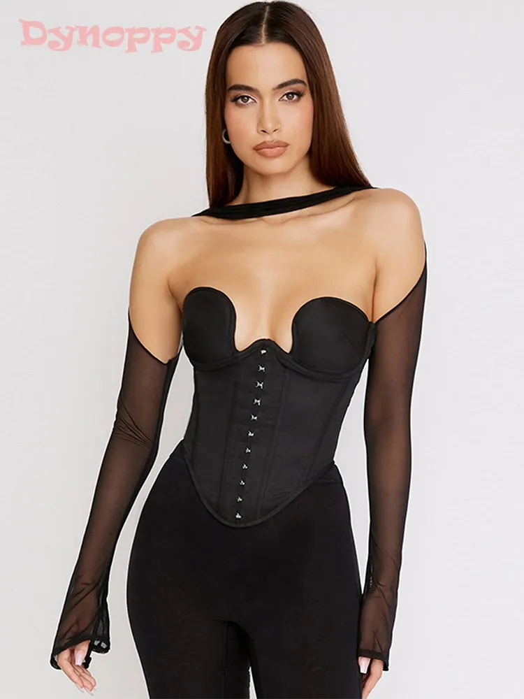 

Dynoppy New Trendy Women Chic Hook Strapless Black Tops Sexy Blouse Backless Party Clothing Padded Mesh Long Sleeve Corset Top
