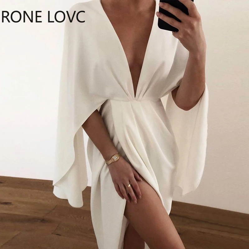

Women Sexy Sold Plunge Ruched Detail Slit Cape Sleeve Dress Party Dress Elegant Fashion Chic Dress