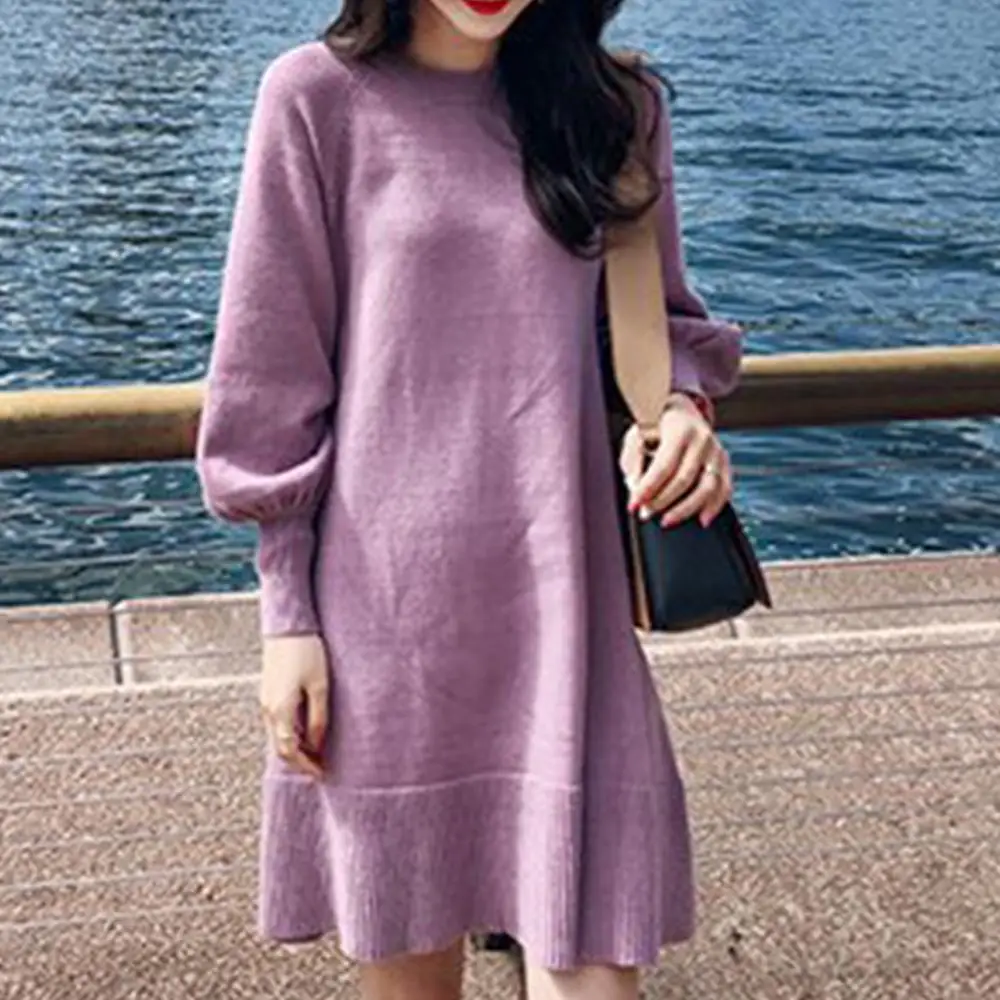 

Christmas New Autumn Winter Women Long Sleeve Solid Color Knitting Long Puff Sleeve Large Hem Knee-length Dress For Daily Wear