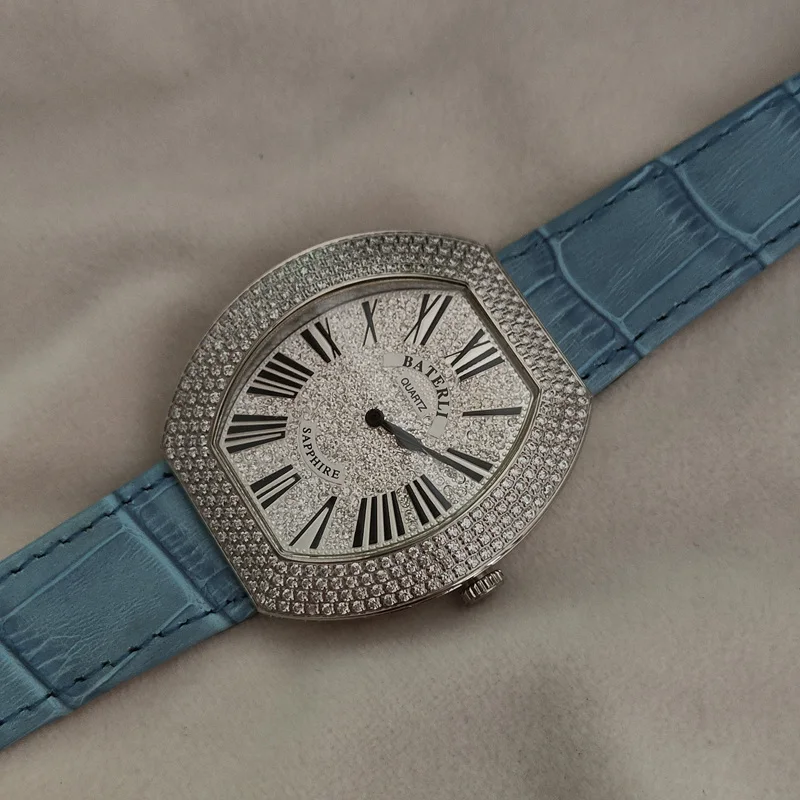 Enlarge Famous Brand Blue Leather Strap Woman Watch Stainless Steel Silver Lady Diamond Quartz Watch Barrel Shaped Female Fashion Clock