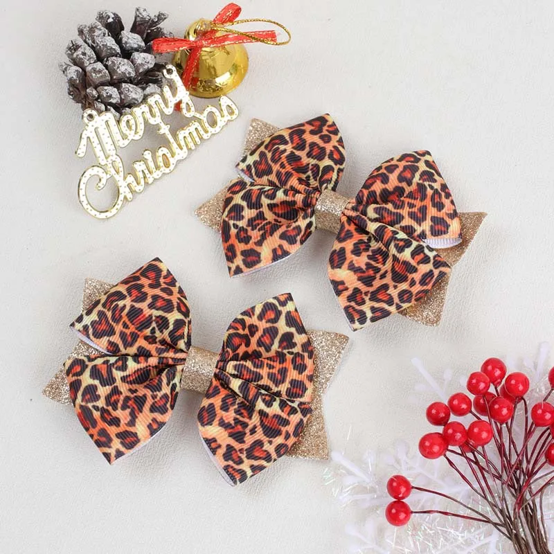 

2Pcs Leopard Print Bow Hair Clips For Baby Girls Glitter Grid Bowkont Hairpins Children Headwear Barrettes Kids Hair Accessories