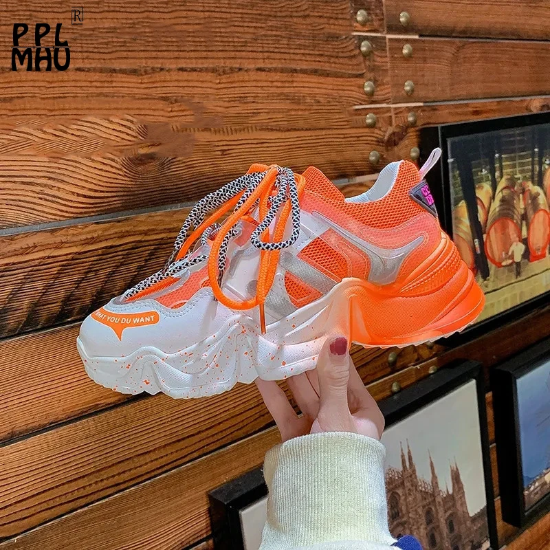 

Кроссовки на платформе, Вулканизированная подошва, сетчатые, дышащие, Нескользящие, Повседневная Уличная спортивная обувь, на шнуровке, в р...