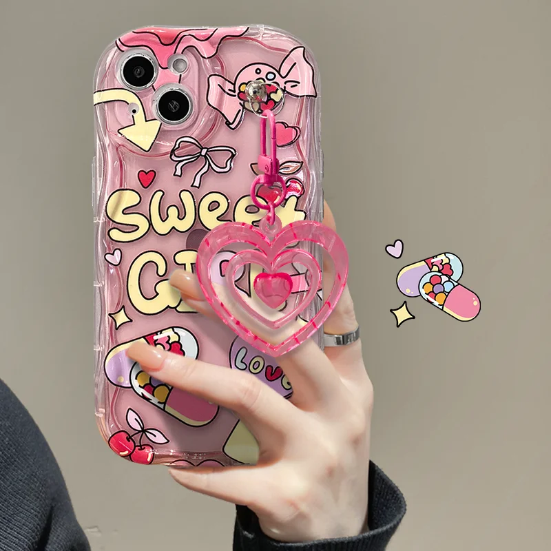 Korea Cute Pink Love Heart Keychain Transparent Clear Soft Phone Case for iphone 13 14 Pro Max 12 11 XR X XS 7 8 plus SE Cover