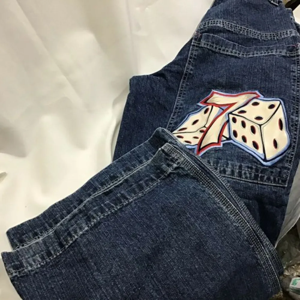 

Джинсы JNCO Y2K в стиле хип-хоп с вышивкой 7 игральных костей, голубые мешковатые джинсы в стиле ретро с графическим рисунком, широкие брюки с высокой талией для мужчин и женщин