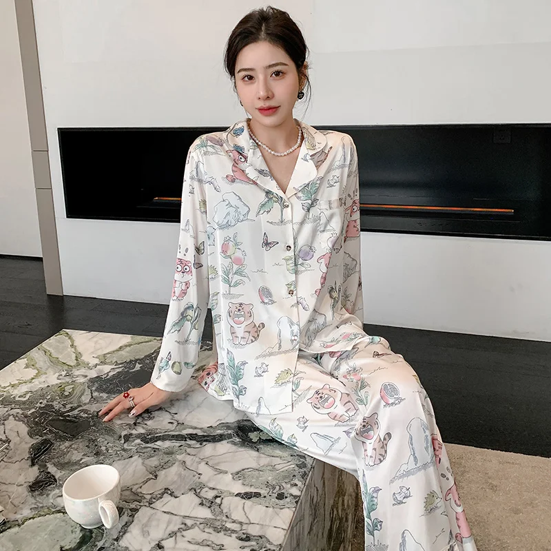 New Spring Summer Ladies Faux Silk Pajama Sets Sexy Homewear Clothes Women's Casual Luxury Pajamas Thin Female Sleepwear Set