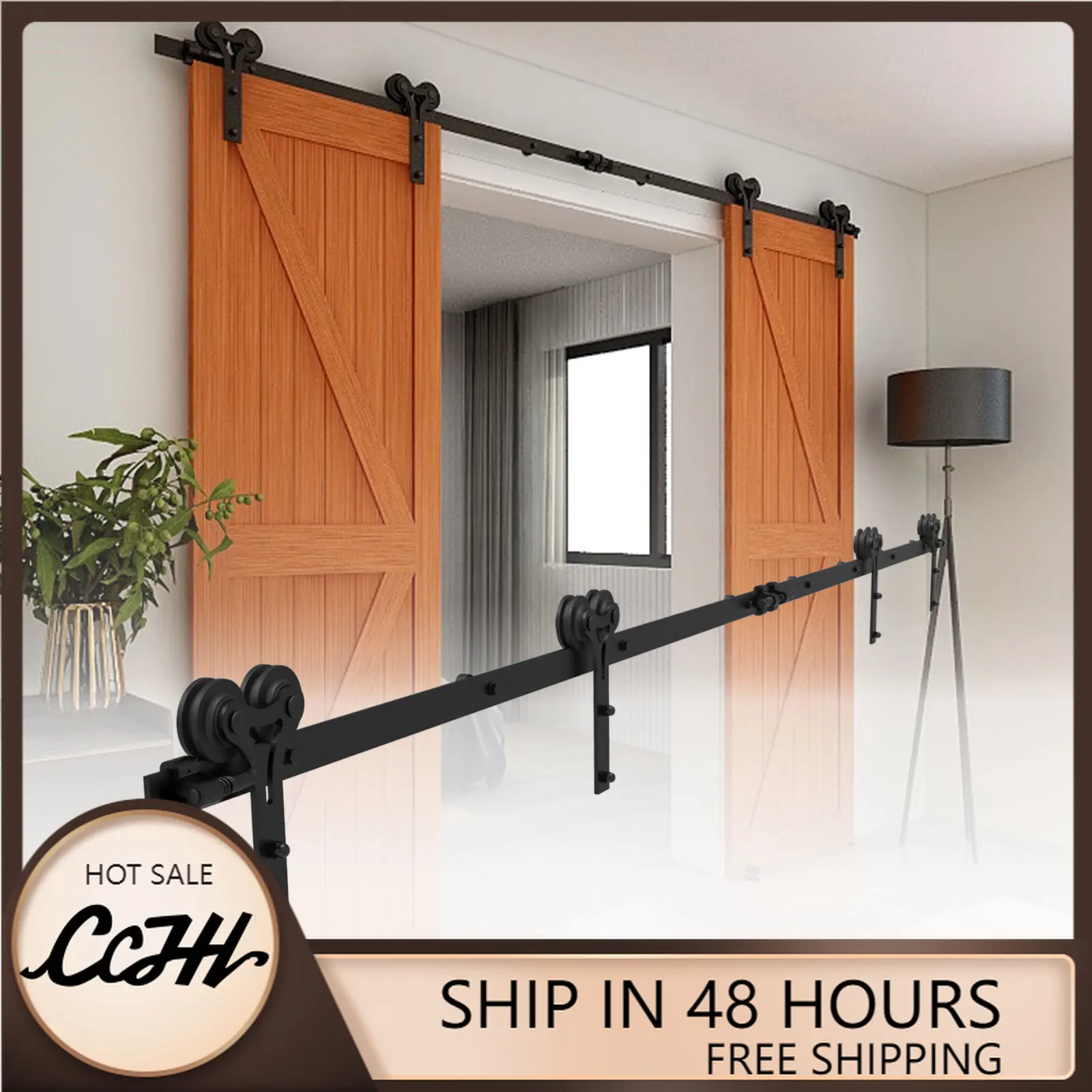 

Sliding Barn Door Hardware Kit Heavy Duty Smoothly and Quietly Easy to Install Fit Double Door Panel Y Type Roller Hangers Black