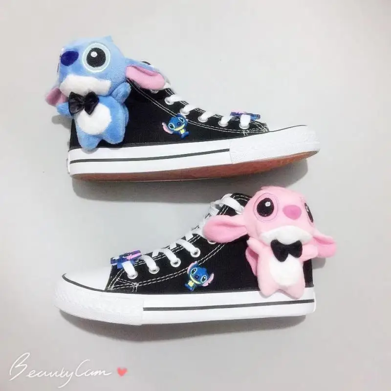 

Anime Disney Lilo & Stitch High Top Canvas Shoes Ins Cartoon Stitch Hand Drawn Graffiti Student Versatile Flat Shoes Plush Gift