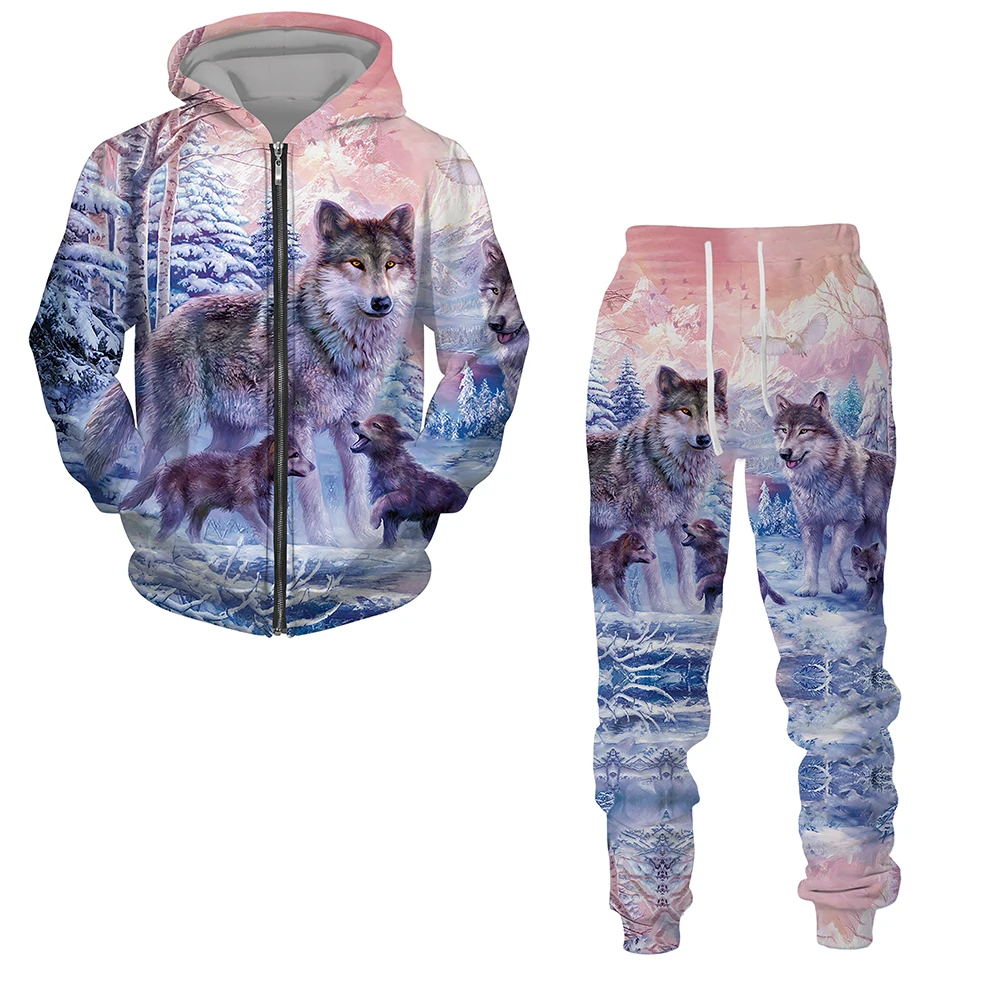 

Autumn Wolf 3D Print Zipper Hoodie Tracksuit Men Women Loose Couples Hoodies +Pants Casual Hip Hop Streetwear Sweatshirts Suits