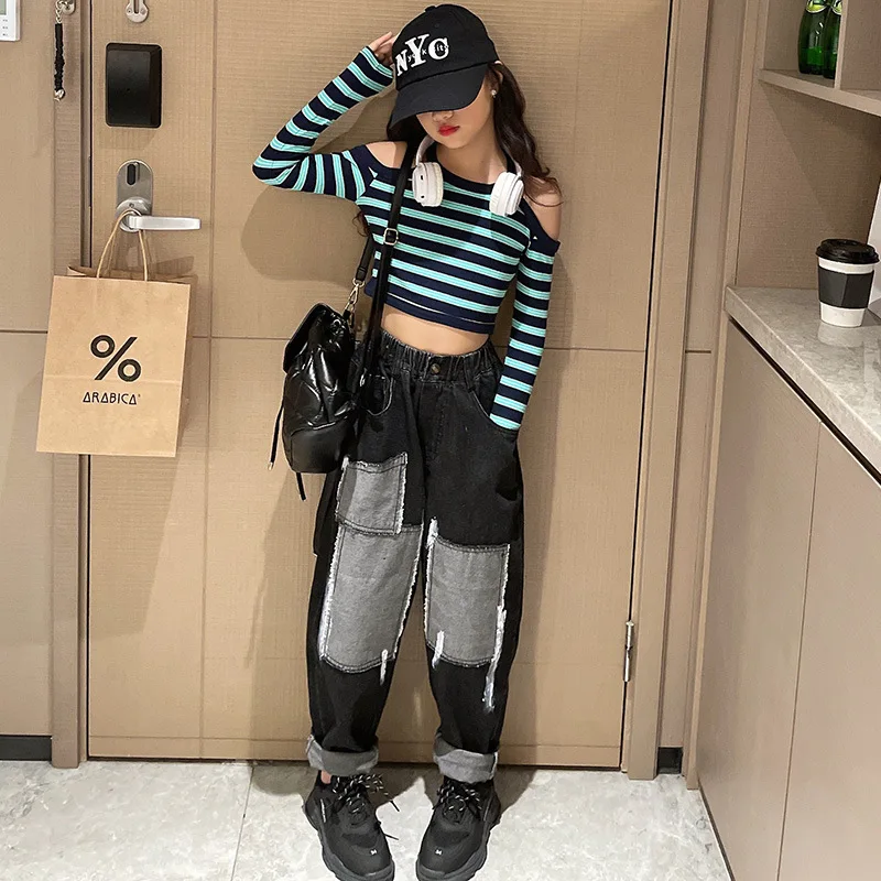 

Teenage Girl Fashion Streetwear 2 pieces Striped T-shirt + Jeans Spring Fall Kids Girl Outfit Clothing Set