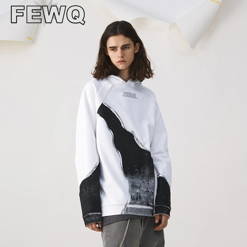

FEWQ Print Male Hoodies American Streetwear Stitching Color Casual Men's Sweatshirt Vintage Pullovertops 2023 Spring New 24B1320