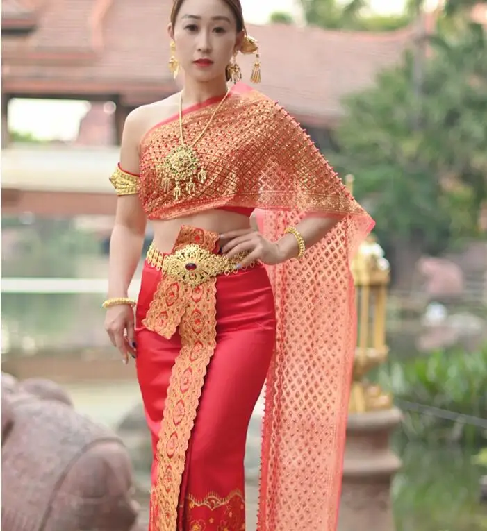 Thailand Water Splashing Festival Clothing Women Thai Dress Wedding Dress Red Stage
