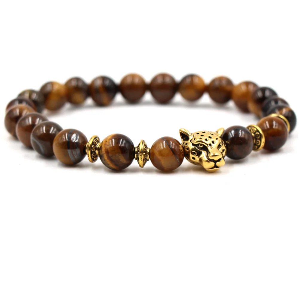 

Natural Agate Tiger Eye Stone Bracelet Beads Leopard Head Elastic Bracelet Men's And Women's Elastic Fashion Jewelry