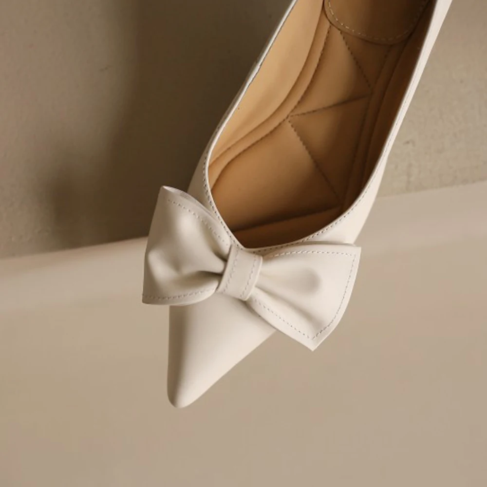 Cialisa Women's Shoes Genuine Leather Pumps Elegant Butterfly-Knot 2023 Spring New Party Dress Mid Heels Ladies Footwear Apricot