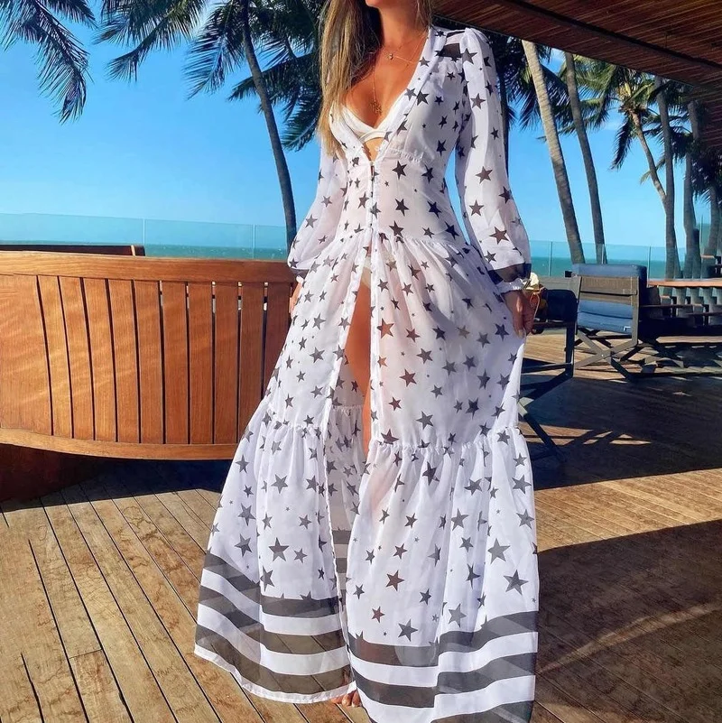 

2022 Fashion New Beach Skirt Sexy V-neck bodycon Print Big Put on Dress Women's Clothing Dress for Women Spring and Autumn