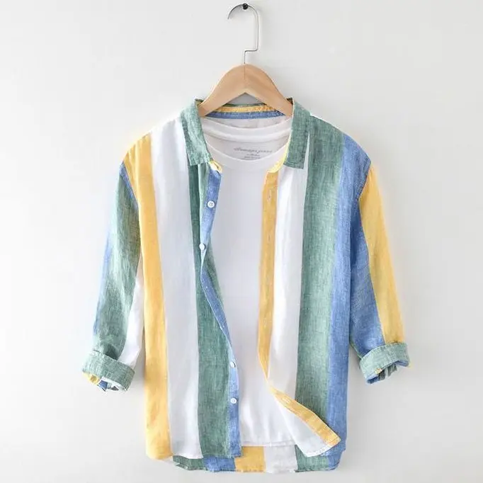 Полосатые льняные рубашки для мужчин из чистой конопли