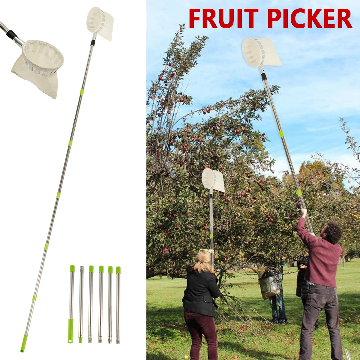 

Fruit Picker Fruit Picking Tool with Catcher Bag Stainless Steel Orange Picker Tool Tree Fruit Catcher Lightweight Fruit