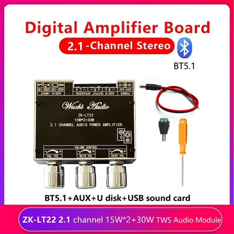 

1 компл., 2,1 каналов, портативная версия, Плата усилителя Bluetooth с корпусом + кабель постоянного тока, 15 Вт x2 + 30 Вт, сабвуфер, аудио усилитель, плата, модуль