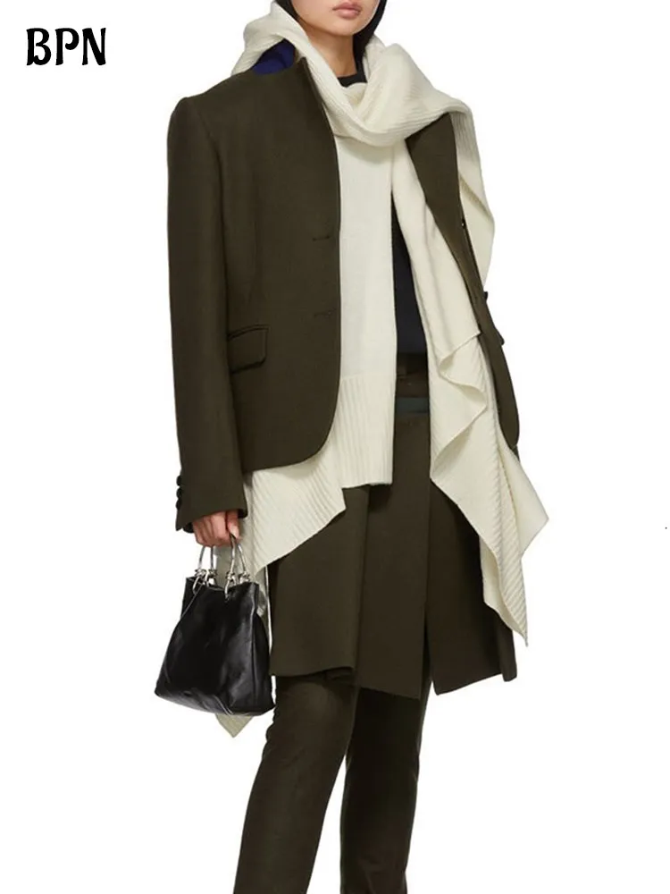 

BPN Асимметричные цветные пальто для женщин воротник шарф длинный рукав пэчворк однобортная Свободная куртка женская одежда модная
