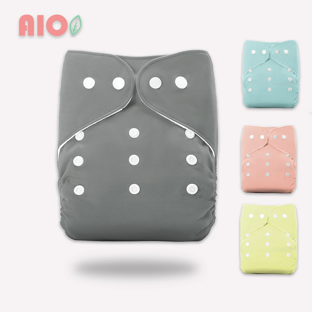 

[AIO] Solid Color Waterproof Newborn Kids Cloth Diapers Pocket Baby Reusable Cloth Diaper Cover Washable Adjustable Nappies Grey