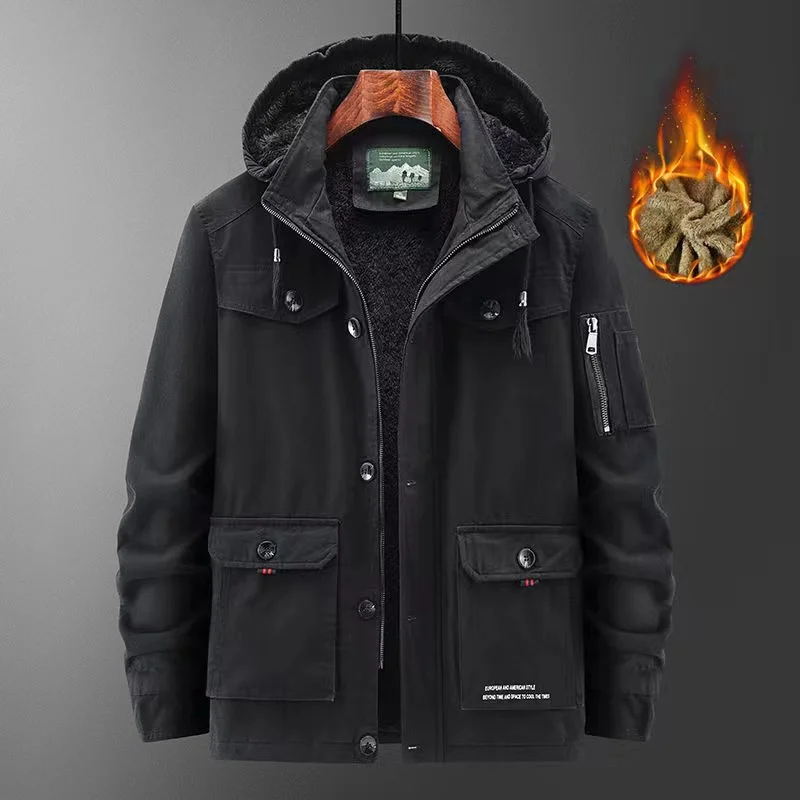 Men's Cotton Padded Clothes Pure Cotton Tooling Jacket Winter Plush Thickened Coat Hooded Man Winter Suit Casual Warm Top Male