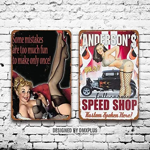 

Металлический знак (набор из 2), скоростной магазин, произведенный на заказ здесь! Сексуальное винтажное украшение для стен Pinup Girl, Декор для ...