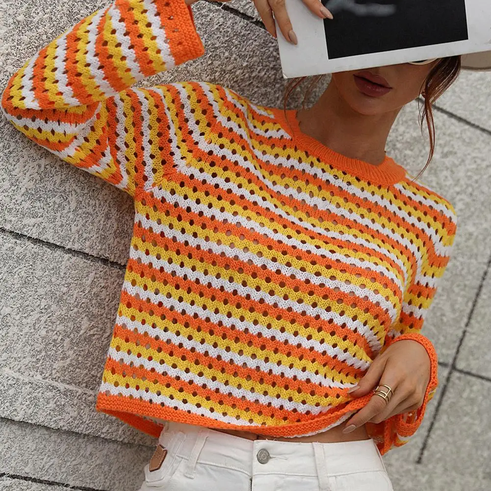 

Multi Striped Knit Crochet Women Sweater Autumn Winter Pullover Sweater Jumpers Hollow Out O-Neck Casual Sweater Jumper suéteres