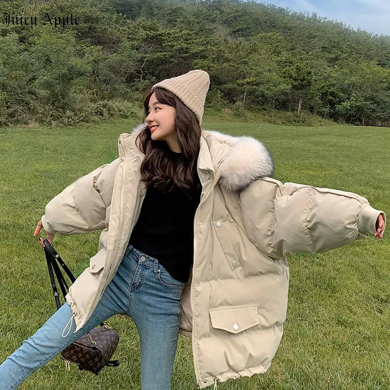 Winter Coat 2022 For Women New Warm Thicken Loose Casual Jacket Pockets Hooded Fur Collar Coat Female Clothing Streetwear Parkas